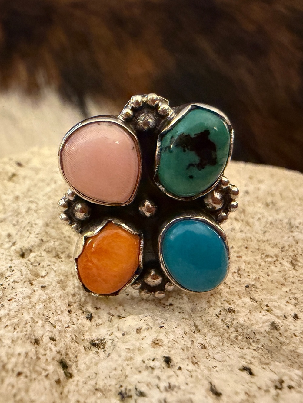 ❤️ MultiStone Cluster Ring Pink Conch Spiny Oyster Turquoise Sterling Size 6
